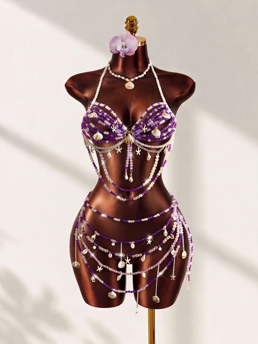 Mistrie Women's Summer Beach Beaded Shell Crystal Halter Bikini Top And Skirt Decor Set