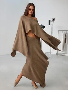 SHEIN Women's Draped Cowl Neck Knit Top & Asymmetric Wide Leg Pants Two Pieces Lounge Set Beige - Beige - View 4