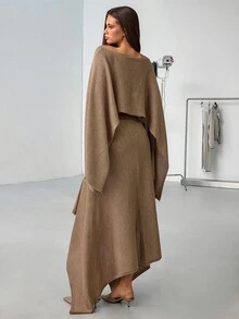 SHEIN Women's Draped Cowl Neck Knit Top & Asymmetric Wide Leg Pants Two Pieces Lounge Set Beige - Beige - View 2