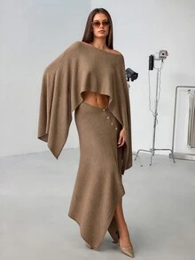 SHEIN Women's Draped Cowl Neck Knit Top & Asymmetric Wide Leg Pants Two Pieces Lounge Set Beige - Beige - View 3