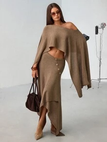 SHEIN Women's Draped Cowl Neck Knit Top & Asymmetric Wide Leg Pants Two Pieces Lounge Set Beige - Beige - View 1