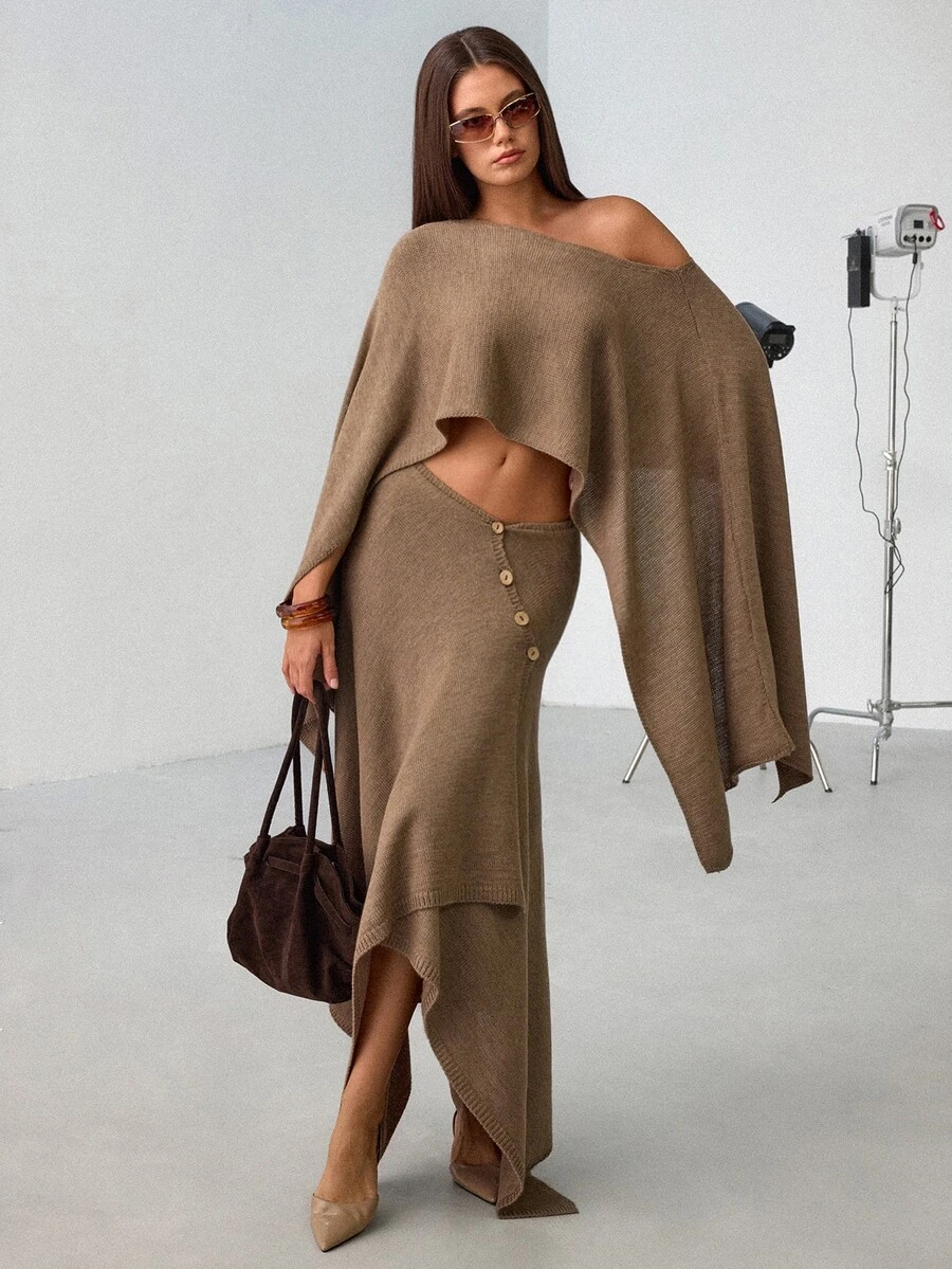 SHEIN Women's Draped Cowl Neck Knit Top & Asymmetric Wide Leg Pants Two Pieces Lounge Set Beige - Beige - View 1