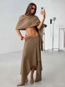 SHEIN Women's Draped Cowl Neck Knit Top & Asymmetric Wide Leg Pants Two Pieces Lounge Set Beige - Beige - View 5