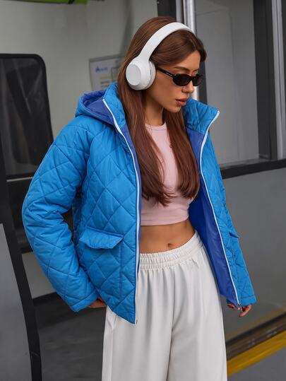 SHEIN Damska jesienna kurtka puchowa w kolorze aqua blue – pikowana ciepła kurtka z paskiem, kapturem, podróżna, do wyjść, streetwear casual