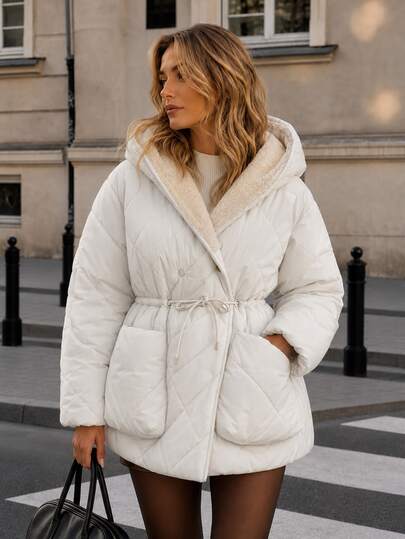 Pariaura Jaqueta feminina acolchoada creme, para outono e inverno, comprimento regular, manga comprida; Casaco com capuz forrado com sherpa marfim; Parka acolchoada com capuz e cordão na cintura; Jaqueta com capuz em imitação,; Casaco acolchoado de abotoamento duplo; Jaqueta de inverno aconchegante forrada com sherpa; Casaco acolchoado neutro feminino; Jaqueta acolchoada oversized com bolsos; Casaco acolchoado quente com capuz; Casaco evasê acolchoado em losangos; Parka de inverno com cordão na cintura; Jaqueta acolchoada com bolsos aplicados; Casaco com capuz forrado com lã macia; Casaco de inverno casual e elegante; Ideal para viagens.