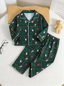 SHEIN Kids Young Boy Autumn/Winter Christmas Snowman Dark Green Plaid Print Long Sleeve Open Front Loungewear Set 2 Pieces - Dark Green - View 3