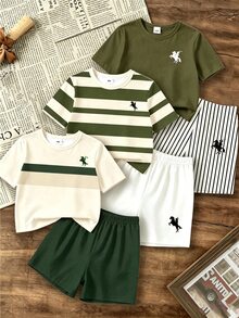 小男孩 3 件組 白色馬匹圖案短袖 T 恤與短褲 2 件套裝 生日夏季 - 彩色 - 查看 1