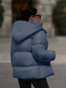 EURMUSE Hooded Zipper Detailed Contrast Rib Cuff Quilted Women's Casual Puffer Down Jacket - Grey - View 2