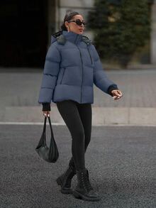 EURMUSE Hooded Zipper Detailed Contrast Rib Cuff Quilted Women's Casual Puffer Down Jacket - Grey - View 3