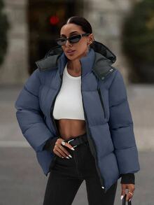 EURMUSE Hooded Zipper Detailed Contrast Rib Cuff Quilted Women's Casual Puffer Down Jacket - Grey - View 4