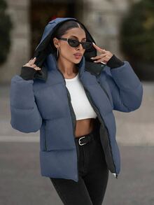 EURMUSE Hooded Zipper Detailed Contrast Rib Cuff Quilted Women's Casual Puffer Down Jacket - Grey - View 6
