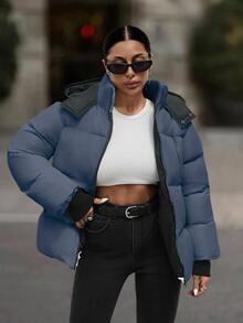 EURMUSE Hooded Zipper Detailed Contrast Rib Cuff Quilted Women's Casual Puffer Down Jacket - Grey - View 5