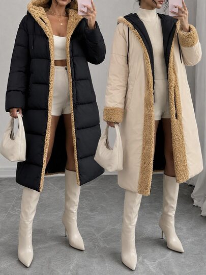 Rafferiza Women's Black And Beige 2-In-1 Reversible Longline Padded Coat Featuring A Weather-Resistant Technical Shell And Ultra-Soft Sherpa Fleece Lining With A Protective Fixed Hood, Waterproof Fabric, Zipper And Pocket