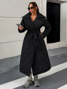 Rafferiza Quilted Long Padded Coat With Wrap Belted Design, Featuring A Flared Hem Silhouette - Black - View 6