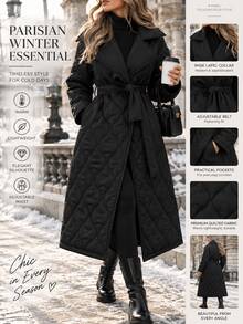 Rafferiza Quilted Long Padded Coat With Wrap Belted Design, Featuring A Flared Hem Silhouette - Black - View 1