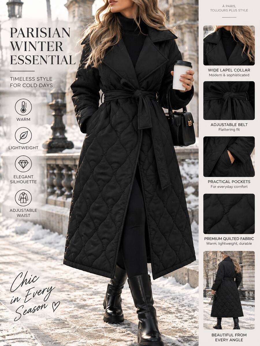 Rafferiza Quilted Long Padded Coat With Wrap Belted Design, Featuring A Flared Hem Silhouette - Black - View 1