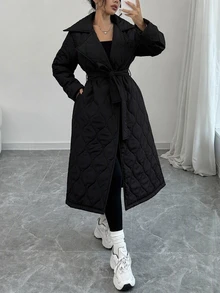Rafferiza Quilted Long Padded Coat With Wrap Belted Design, Featuring A Flared Hem Silhouette - Black - View 3