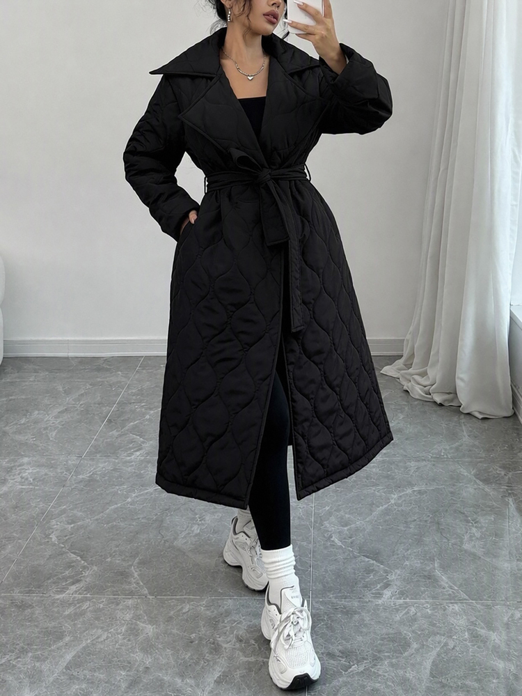Rafferiza Quilted Long Padded Coat With Wrap Belted Design, Featuring A Flared Hem Silhouette - Black - View 3