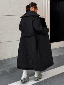 Rafferiza Quilted Long Padded Coat With Wrap Belted Design, Featuring A Flared Hem Silhouette - Black - View 7