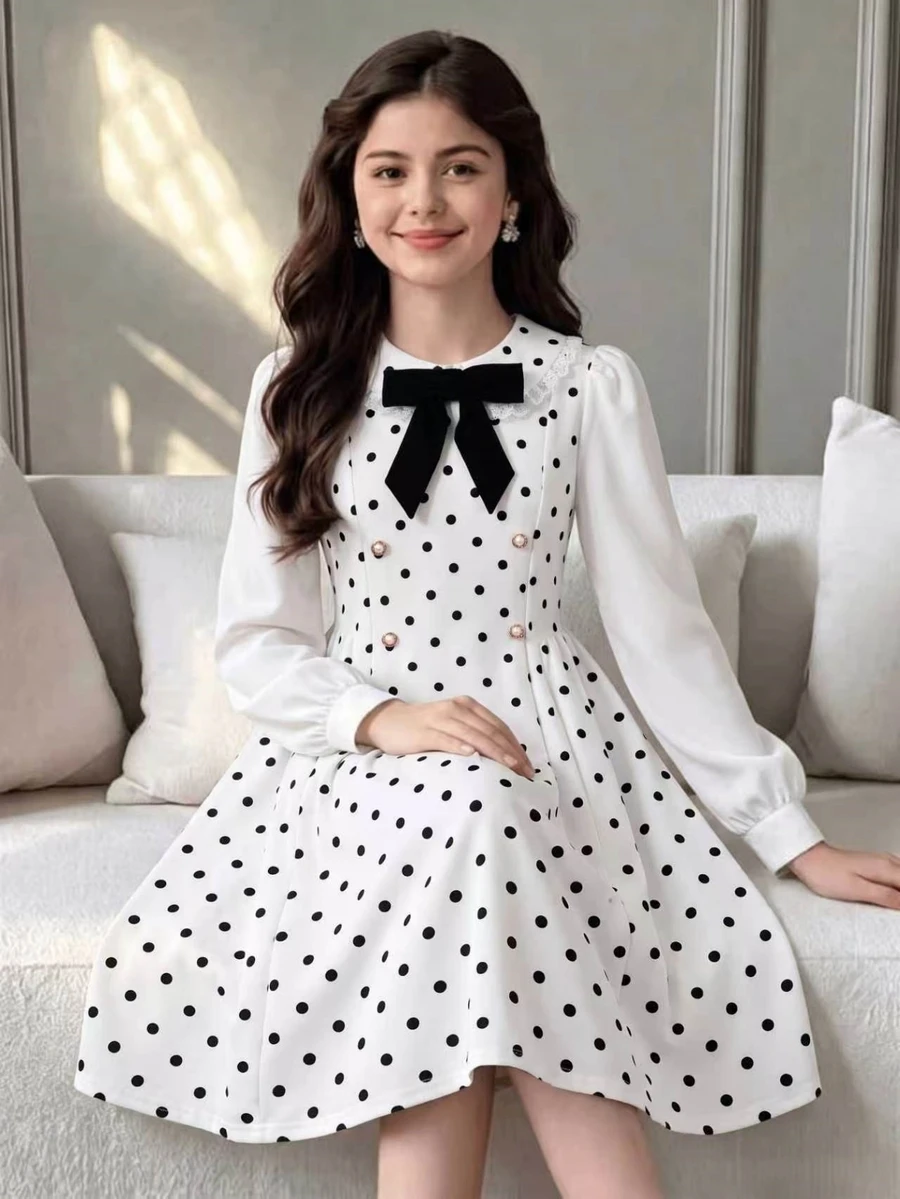 Tween Girl Polka Dot Long Sleeve Dresses For Girls Clothes 8 To 12 Years Wedding Outfit Party Flowergirl White And Black Autumn Elegant Cute - White - View 1