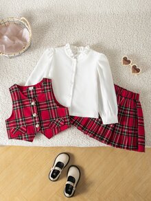 SHEIN 3 件套年轻女孩优雅金色纽扣背心、荷叶边领衬衫和百褶裙格子套装，适合秋冬季、派对、日常穿着、圣诞节、学校、姐妹装 - 紅白色 - 查看 2