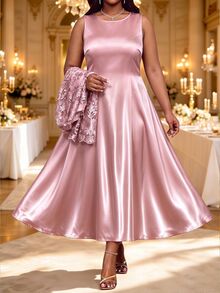 Fleurora Elegant Plus-Size Two Pieces Set: Jacquard Open-Front Cardigan With Mid-Length Sleeves And Matching Dress Birthday Dress Pink Dress Date Night Dress - Dusty Pink - View 8
