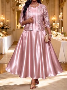 Fleurora Elegant Plus-Size Two Pieces Set: Jacquard Open-Front Cardigan With Mid-Length Sleeves And Matching Dress Birthday Dress Pink Dress Date Night Dress - Dusty Pink - View 6