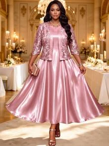 Fleurora Elegant Plus-Size Two Pieces Set: Jacquard Open-Front Cardigan With Mid-Length Sleeves And Matching Dress Birthday Dress Pink Dress Date Night Dress - Dusty Pink - View 4