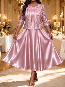 Fleurora Elegant Plus-Size Two Pieces Set: Jacquard Open-Front Cardigan With Mid-Length Sleeves And Matching Dress Birthday Dress Pink Dress Date Night Dress - Dusty Pink - View 7
