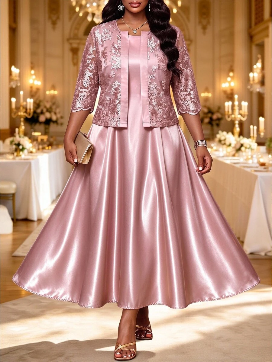 Fleurora Elegant Plus-Size Two Pieces Set: Jacquard Open-Front Cardigan With Mid-Length Sleeves And Matching Dress Birthday Dress Pink Dress Date Night Dress