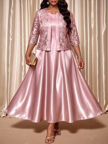 Fleurora Elegant Plus-Size Two Pieces Set: Jacquard Open-Front Cardigan With Mid-Length Sleeves And Matching Dress Birthday Dress Pink Dress Date Night Dress - Dusty Pink - View 3