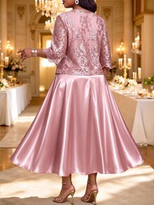 Fleurora Elegant Plus-Size Two Pieces Set: Jacquard Open-Front Cardigan With Mid-Length Sleeves And Matching Dress Birthday Dress Pink Dress Date Night Dress - Dusty Pink - View 5
