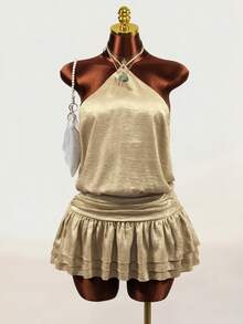 Mistrie Women's Solid Color Halter Neck Dress With Ruffle Hem - Champagne - View 10