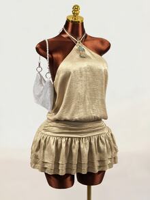 Mistrie Women's Solid Color Halter Neck Dress With Ruffle Hem - Champagne - View 2