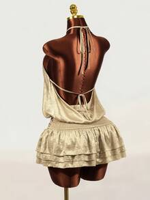 Mistrie Women's Solid Color Halter Neck Dress With Ruffle Hem - Champagne - View 8