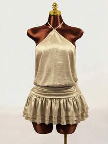 Mistrie Women's Solid Color Halter Neck Dress With Ruffle Hem - Champagne - View 4