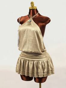 Mistrie Women's Solid Color Halter Neck Dress With Ruffle Hem - Champagne - View 5