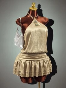Mistrie Women's Solid Color Halter Neck Dress With Ruffle Hem - Champagne - View 1