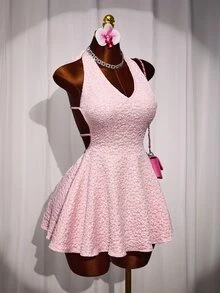 Mistrie The Lady's New Sexy 90s Y2k Deep V-Neck Collar-Belt Dress Backless Design Textured Flower Night Out Date Night Hot Pink Summer - Pink - View 11