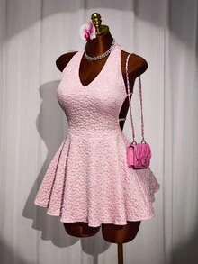 Mistrie The Lady's New Sexy 90s Y2k Deep V-Neck Collar-Belt Dress Backless Design Textured Flower Night Out Date Night Hot Pink Summer - Pink - View 12