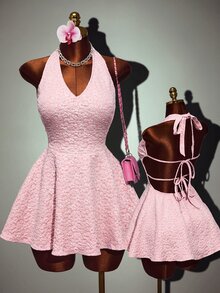 Mistrie The Lady's New Sexy 90s Y2k Deep V-Neck Collar-Belt Dress Backless Design Textured Flower Night Out Date Night Hot Pink Summer - Pink - View 2