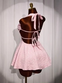 Mistrie The Lady's New Sexy 90s Y2k Deep V-Neck Collar-Belt Dress Backless Design Textured Flower Night Out Date Night Hot Pink Summer - Pink - View 5