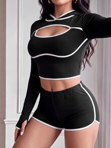 SHEIN Sports Black And White Contrast Trim Hollow Out Cropped Sweatshirt - Black - View 3