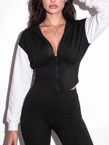 Slayform Women's Colorblock Hooded Waist-Cinching Zip-Up Sports Sweatshirt - Black - View 4