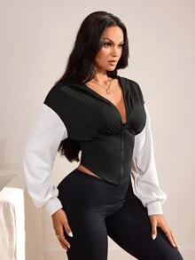 Slayform Women's Colorblock Hooded Waist-Cinching Zip-Up Sports Sweatshirt - Black - View 7