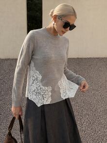 Anewsta Women's Fall Winter Grey Fitted Knit Sweater Side Lace Patchwork Round Neck Long Sleeve Slim Sexy Soft Minimalist Base Layer Top - Grey - View 6