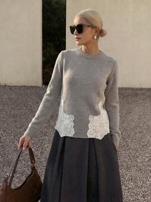 Anewsta Women's Fall Winter Grey Fitted Knit Sweater Side Lace Patchwork Round Neck Long Sleeve Slim Sexy Soft Minimalist Base Layer Top - Grey - View 4