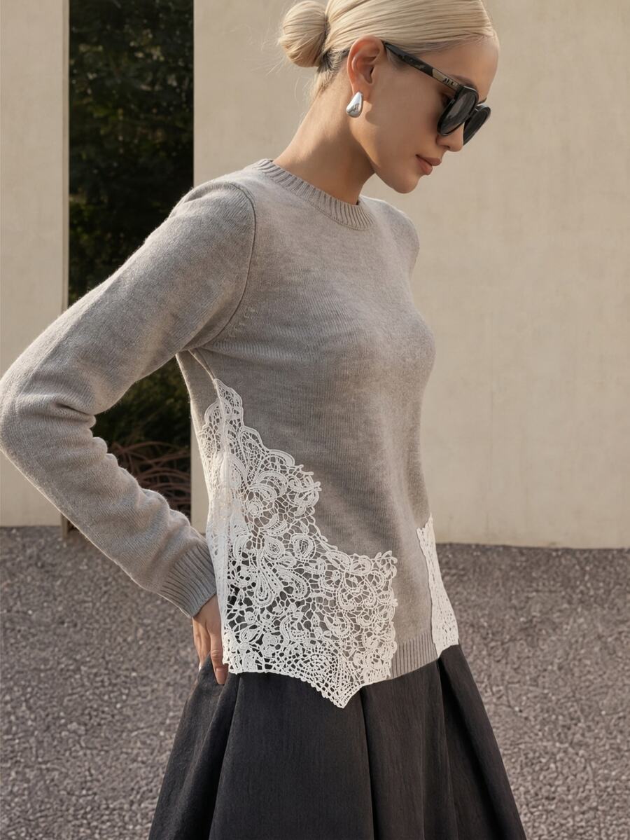 Anewsta Women's Fall Winter Grey Fitted Knit Sweater Side Lace Patchwork Round Neck Long Sleeve Slim Sexy Soft Minimalist Base Layer Top - Grey - View 1