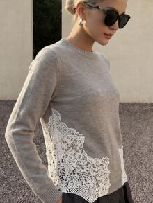 Anewsta Women's Fall Winter Grey Fitted Knit Sweater Side Lace Patchwork Round Neck Long Sleeve Slim Sexy Soft Minimalist Base Layer Top - Grey - View 7