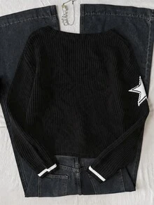 SHEIN Sweater Rajut Jacquard Digital untuk Remaja Perempuan, Busana Minimalis untuk Kembali ke Sekolah, Lengan Panjang, Atasan Musim Gugur, Sweater, Musim Dingin, Pakaian Jalanan, Kasual - Hitam - View 2